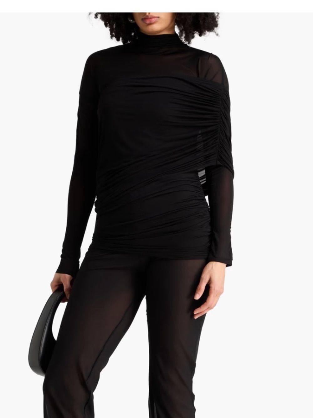 Mugler Ruched Mesh Turtleneck Draped Top - Sheer Sexy Jersey Top -  36